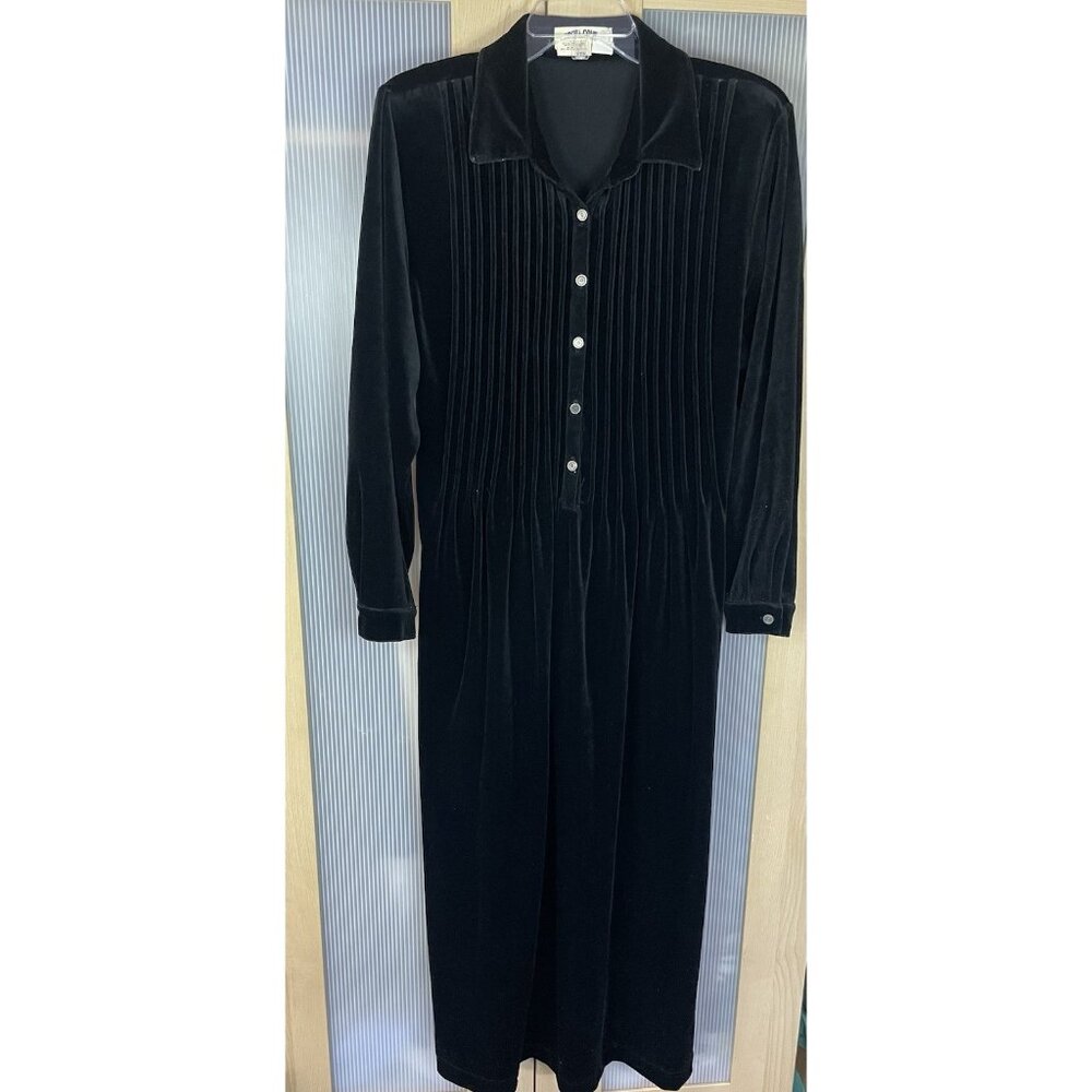 Vtg Gotcha Covered Women‎ 12 Midi Dress Pleated Velour Velvet Modest Black Goth